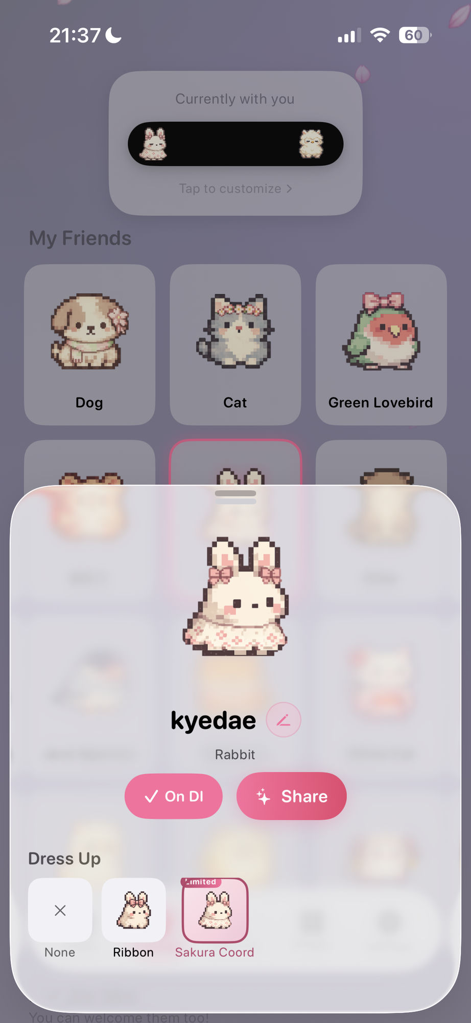 Pet collection showing multiple pets with Rabbit detail sheet open — dress-up options include ribbons and seasonal costumes