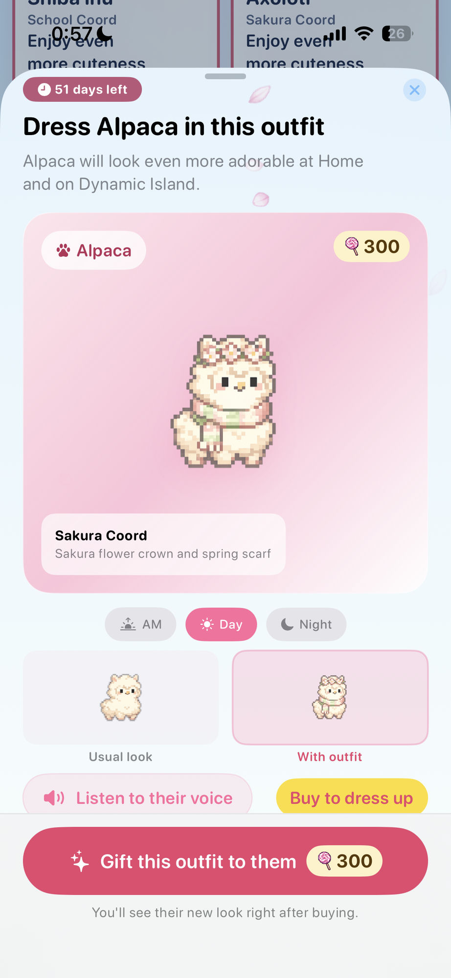 Costume purchase sheet for Alpaca — Sakura Coord with flower crown and spring scarf, showing before and after preview