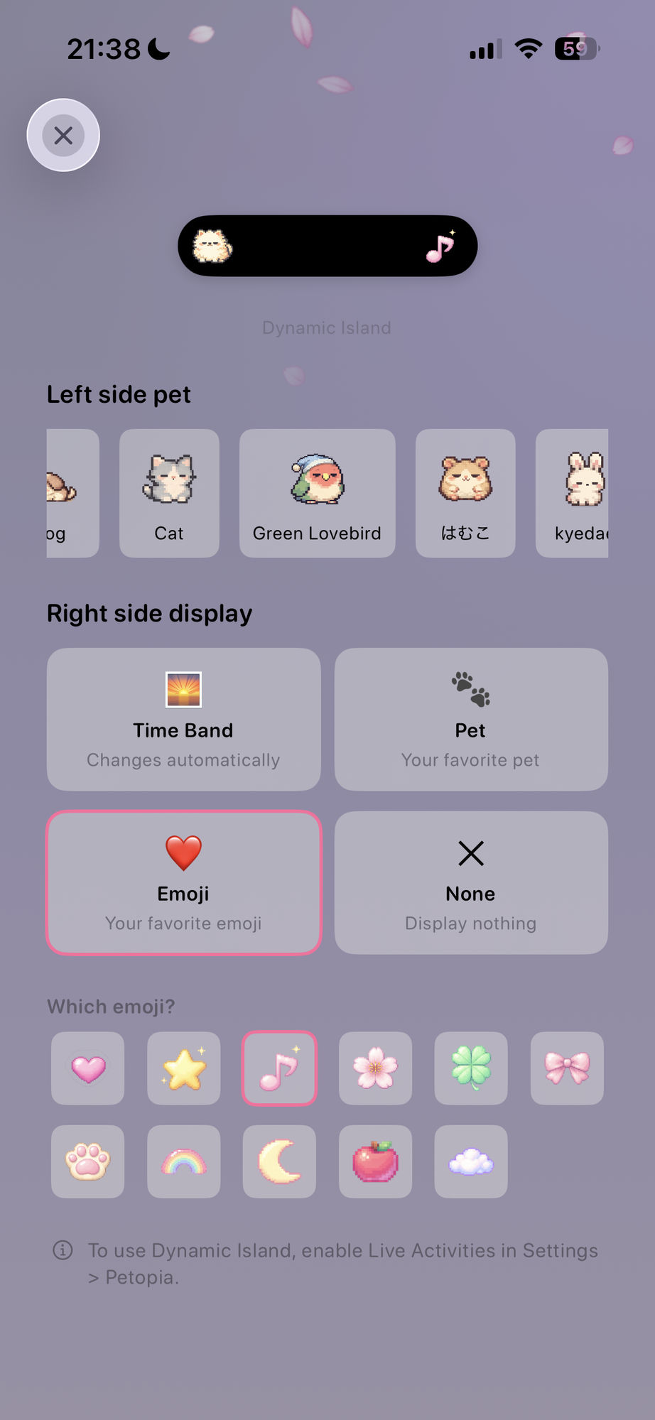 Dynamic Island customization — choose left pet and right display (time band, pet, emoji), with emoji picker showing hearts, stars, music notes, cherry blossoms