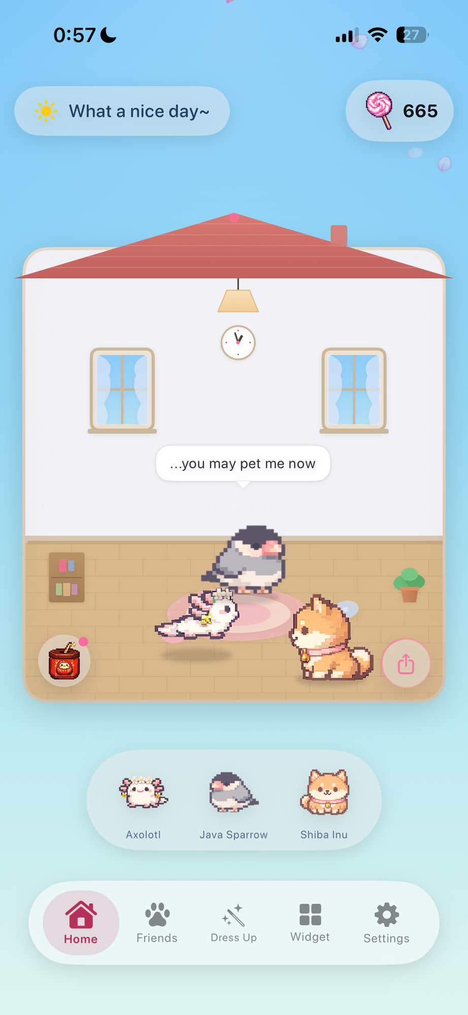 Petopia daytime room — blue sky, pets playing, speech bubble saying 'you may pet me now'