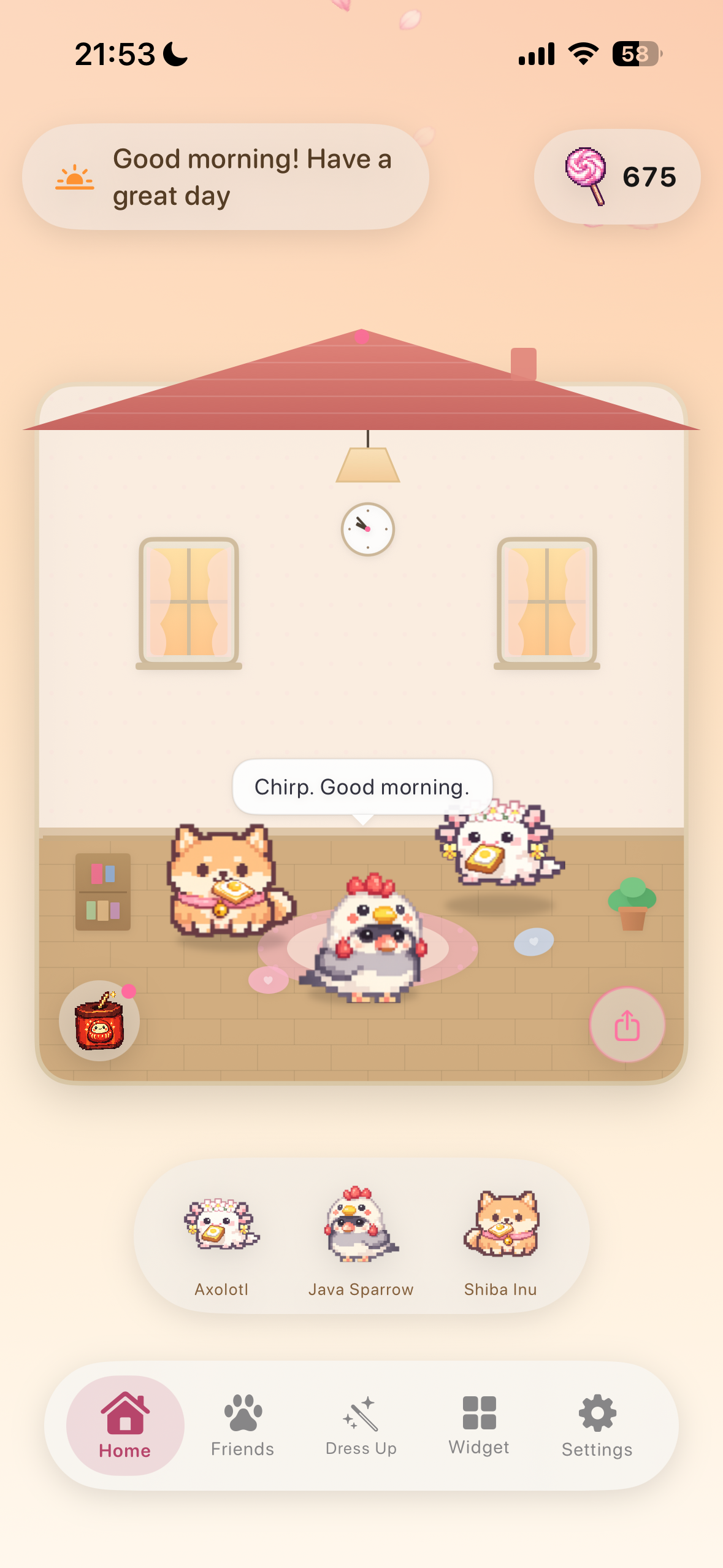 Petopia morning room — warm peach light, pet greeting 'Good morning! Have a great day'