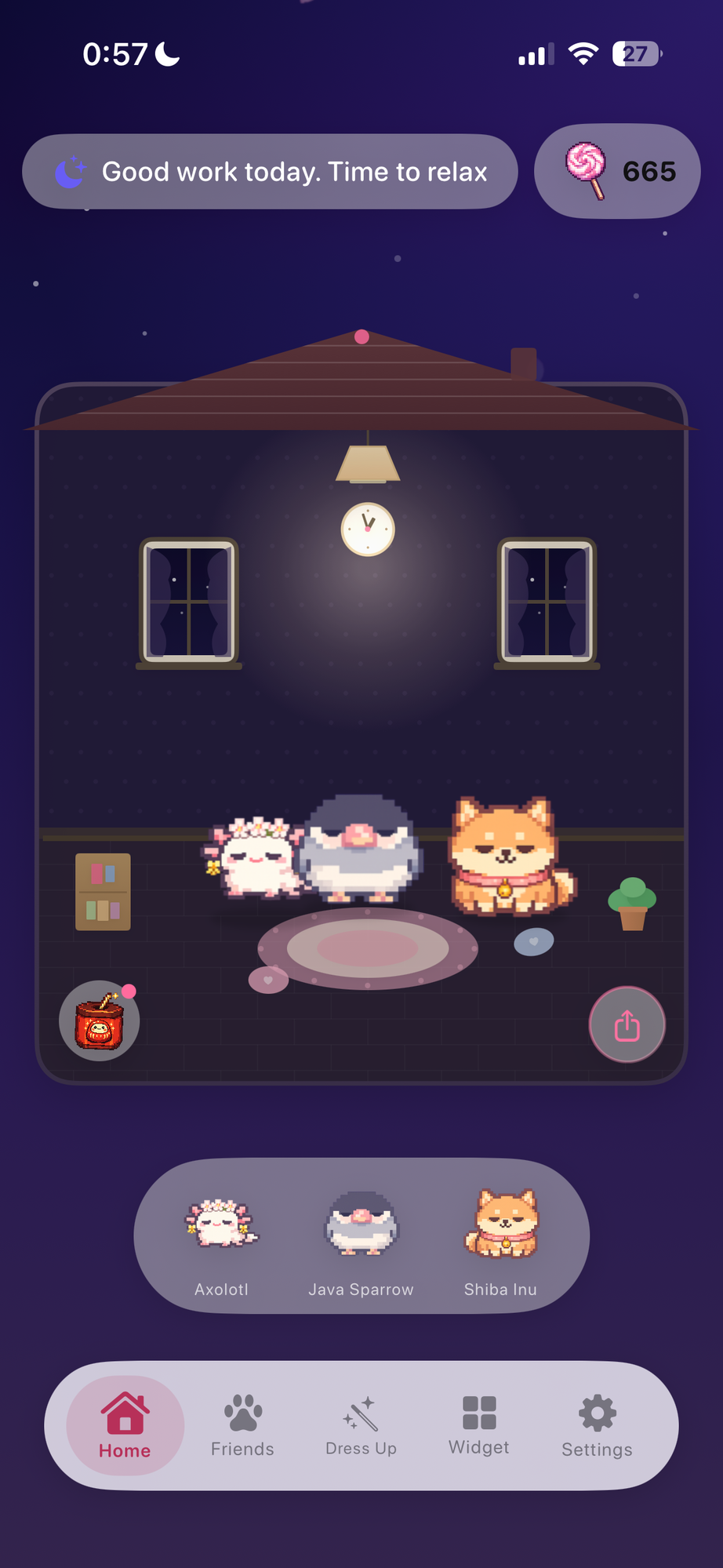 Petopia night room — dark purple sky with stars, lamp glow, pet saying 'Good work today. Time to relax'